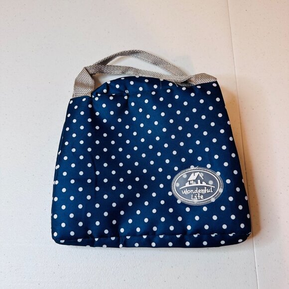 Small Blue Polka Dot Insulated Lunch Bag With Handles & Zipper Closure - Picture 11 of 11